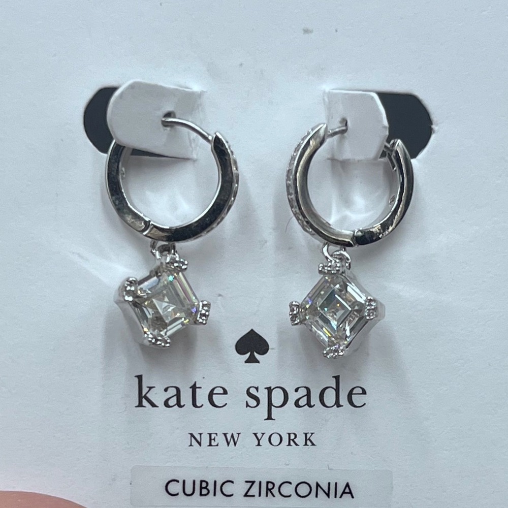 Kate Spade New York Dazzle Drop Silver Tone CZ Square Dangle Hoop Earrings